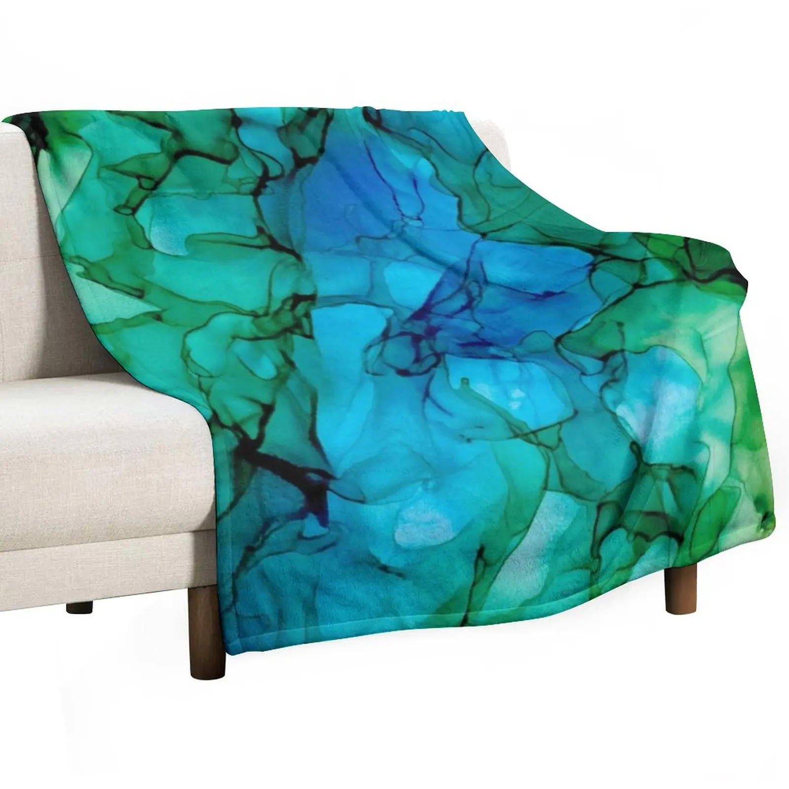 

Valley River: Blue and Green Original Abstract Alcohol Ink Painting Throw Blanket Retros Fashion Sofas Camping Custom Blankets