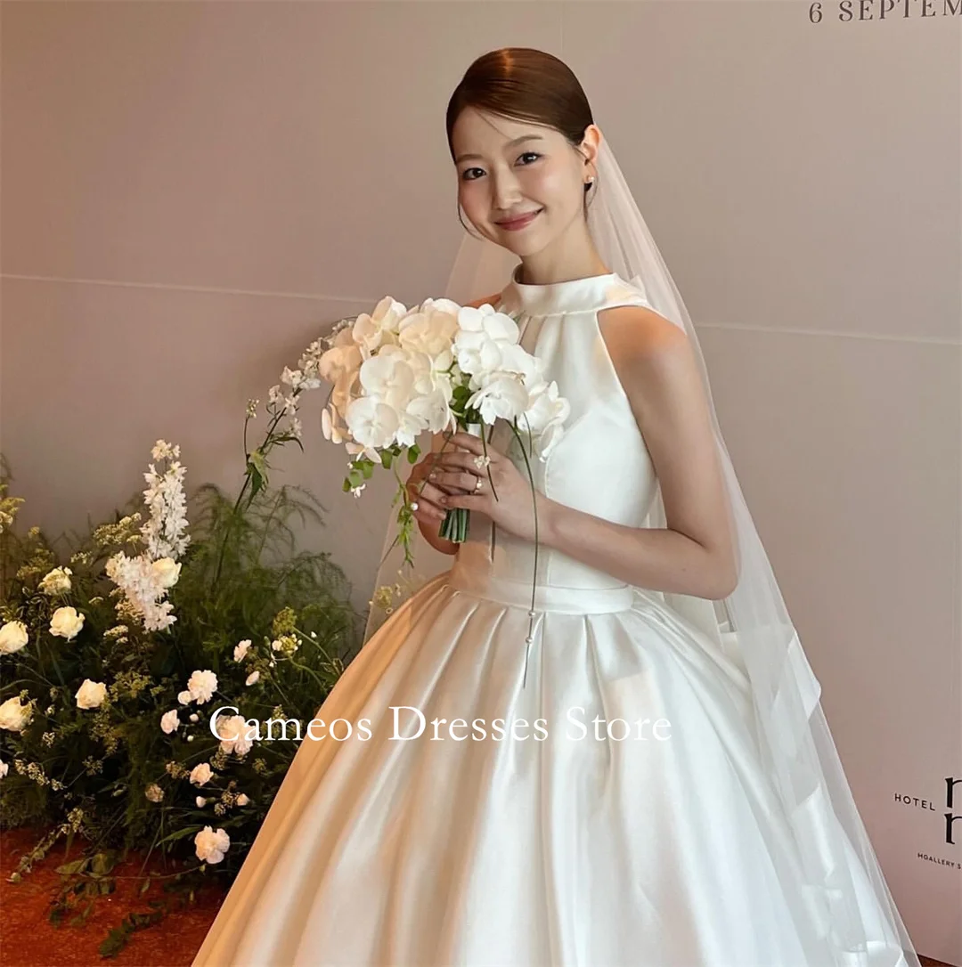 

SONDR Customized High Neck Elegant Satin Sleeveless Wedding Dresses A-Line Floor Length Corset Brides Gowns Women Bridal Dresses