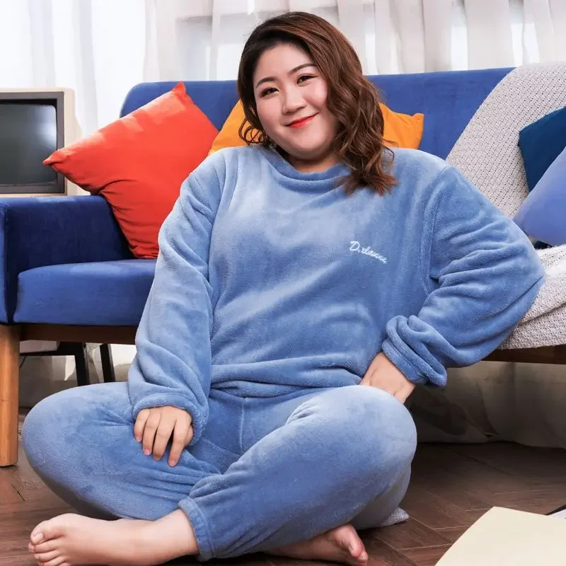 Winter Pajamas Coral Fleece Warm Pajamas Set Thick Long Sleeve Large Size 85kg Outside Pajamas Elastic Waist Trousers Pajama Set