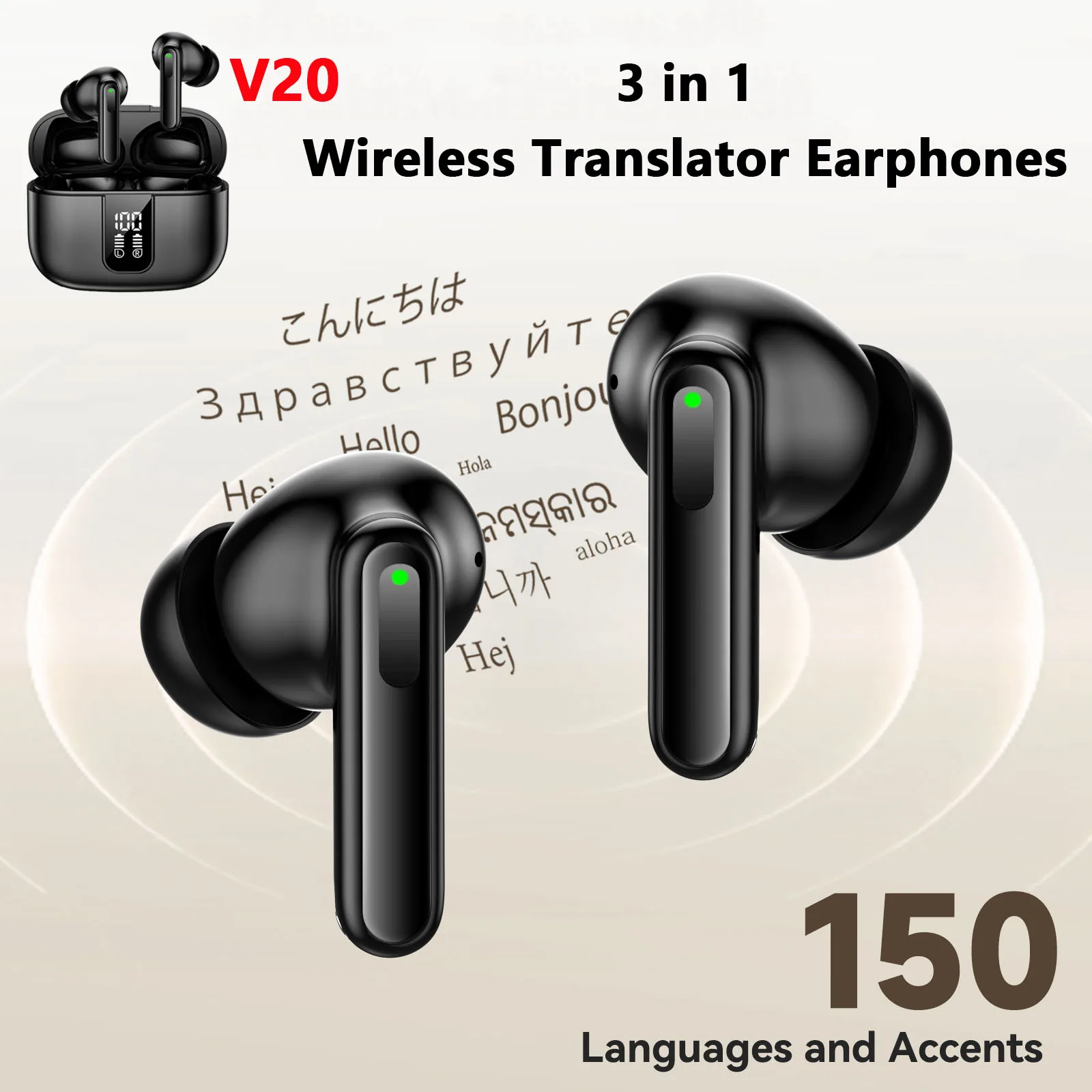 Leranda V20 Translator Earphones 150 Languages Real-time Translation Portable Wireless BT Headphones with Digital Display