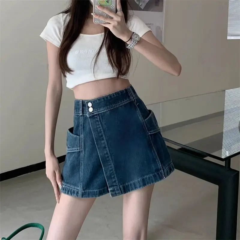 Summer Irregular Skirts Shorts Vintage High Waist Female Clothing Chic Asymmetrical Spliced Pockets Hotsweet A-Line Mini Skirts