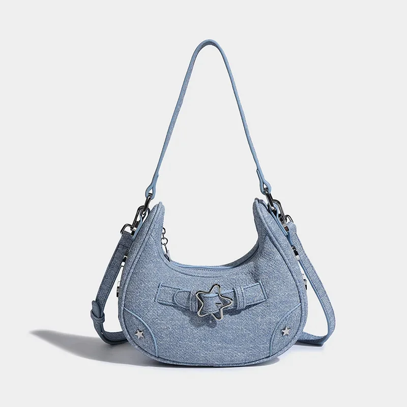 

Women's Bag Star Decoration Denim Blue Handbag Elegant Moon Design Underarm Semi-circular Shoulder For Lady Girl Messenger Bags