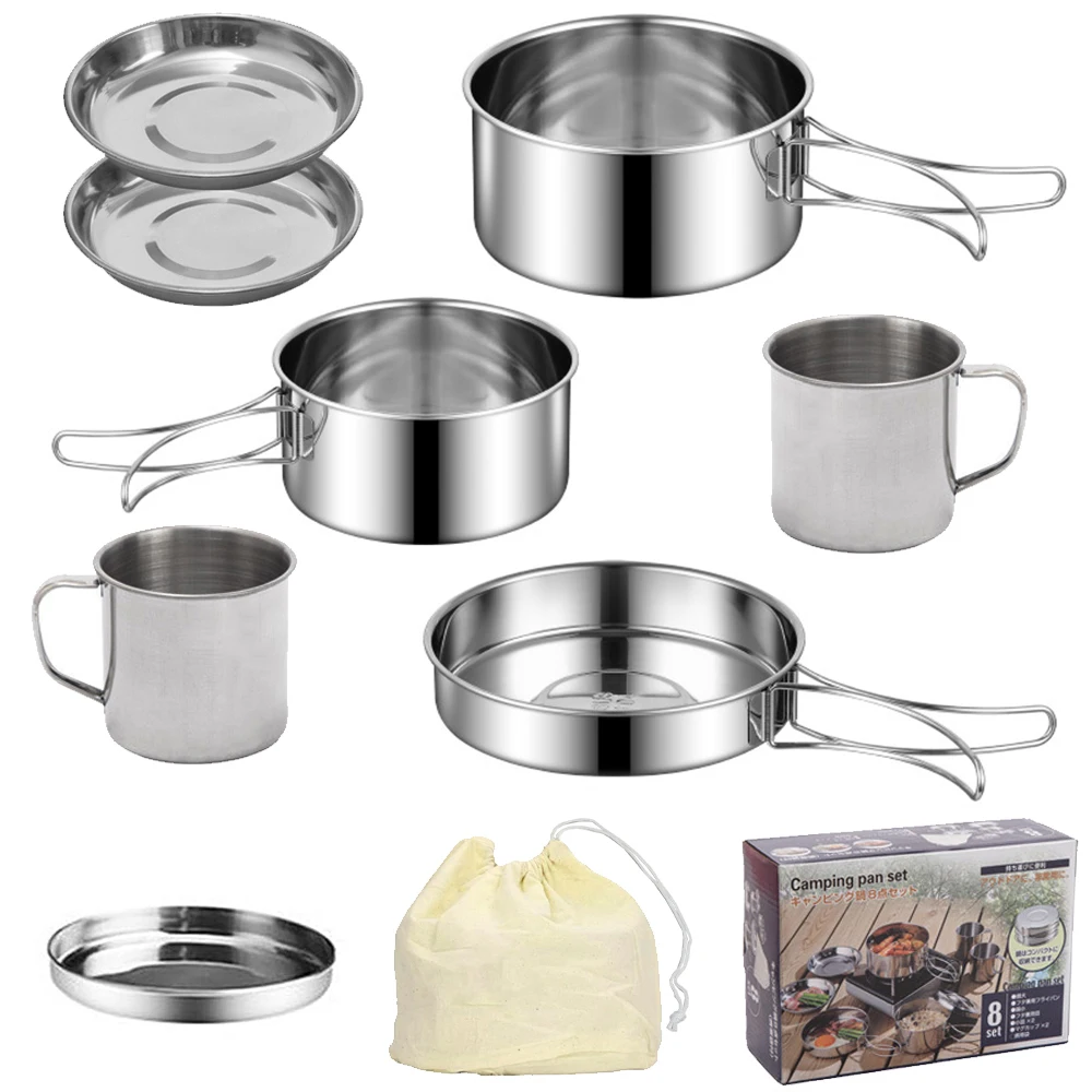 Roestvrij staal 8-delige pannenset voor kamperen Campingpot en pannenset met kopjes Buiten 2-3 personen servies voor wandelen Picknick