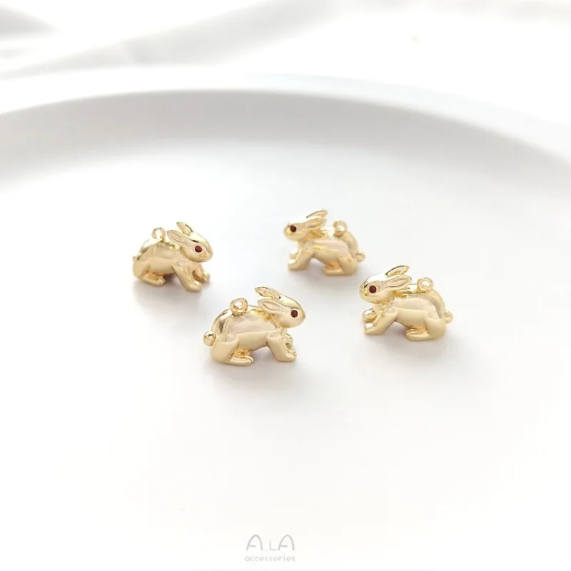 14K Gold Color Three-dimensional Cute Bunny Pendant Red Zirconium Eyes Moon Rabbit Pendant DIY Bracelet Jewelry Pendant