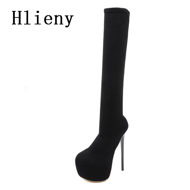 Hlieny Fashion Platform Woman Over Knee Winter Boot Womens Black Knitting Round Toe Thigh High Long Socks Lady Shoes Size 35-42