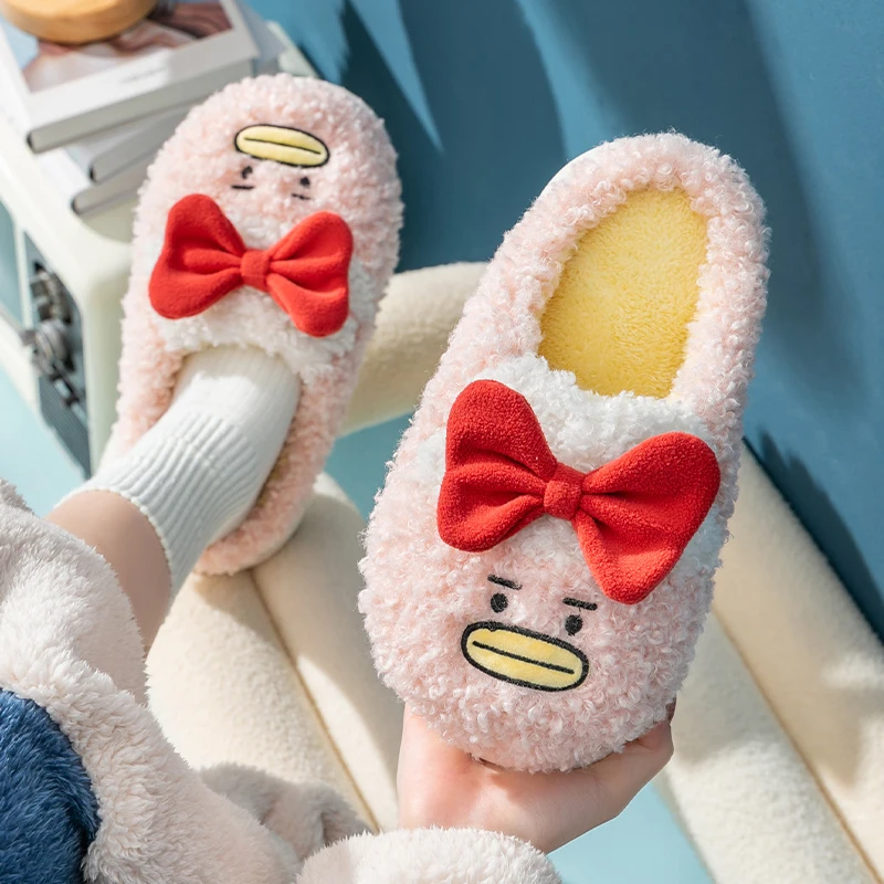 HOT Women Winter Thick Platform Big Bowknot Non-Slip Rubber Slippers Warm Indoor Fur Cotton Couples Ladies Cartoon Cotton Shoes