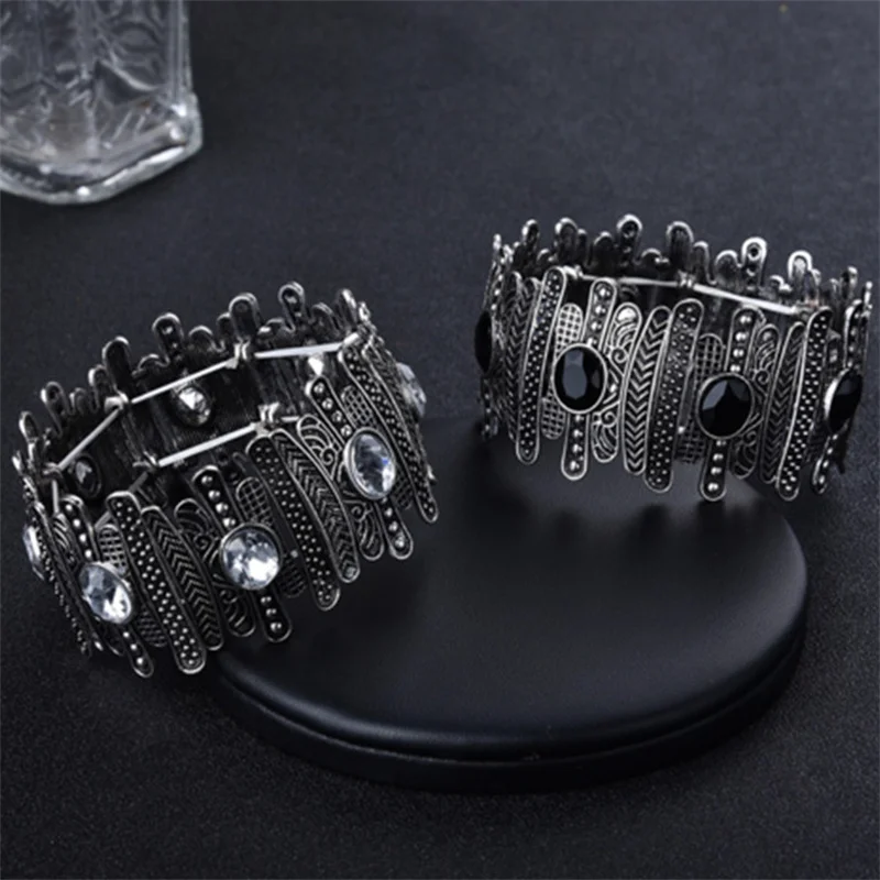 Punk Vintage Bracelet For Women Ancient Silver color Bohemia Concave Metal Rhinestones Crystal Bracelets & Bangles Jewelry Gifts