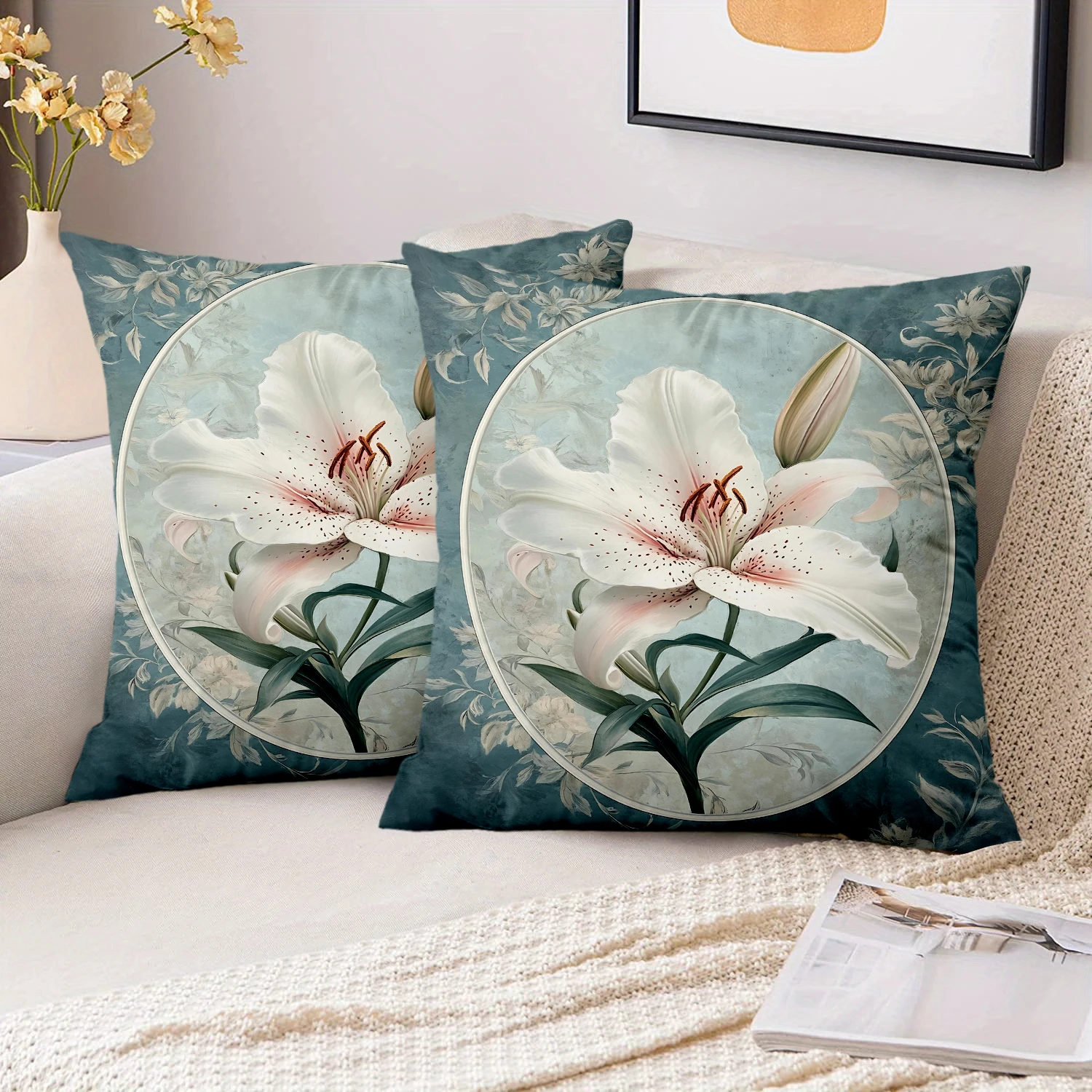 1 Pieces Vintage Lily Floral Throw Pillow Covers Pattern Cushion Cover Suitable for Sofa Bedroom Car Pillow Cover