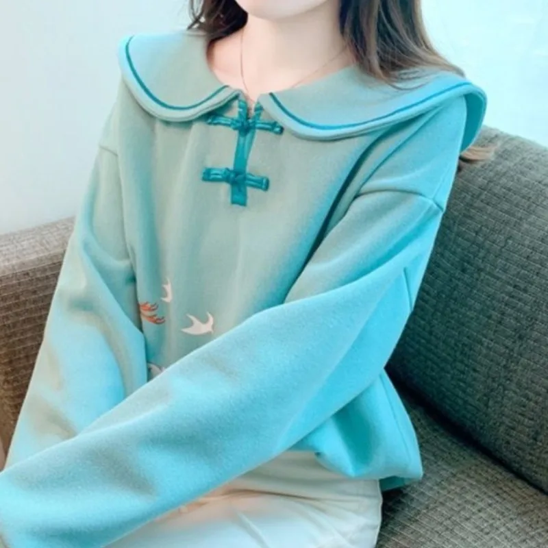 Women\'s Pullover Peter Pan Collar Chinese Style Solid Loose Long Sleeved Cartoon Hoodies 2023 New Popular Autumn and Winter Tops