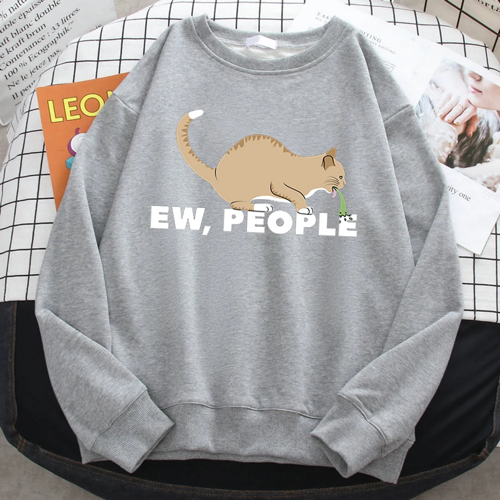 Casual Autumn Pullover For Women Ew People Funny Vomiting Cat Printing Hoodies Crewneck Loose Sweatshirt Warm Fleece Clothes