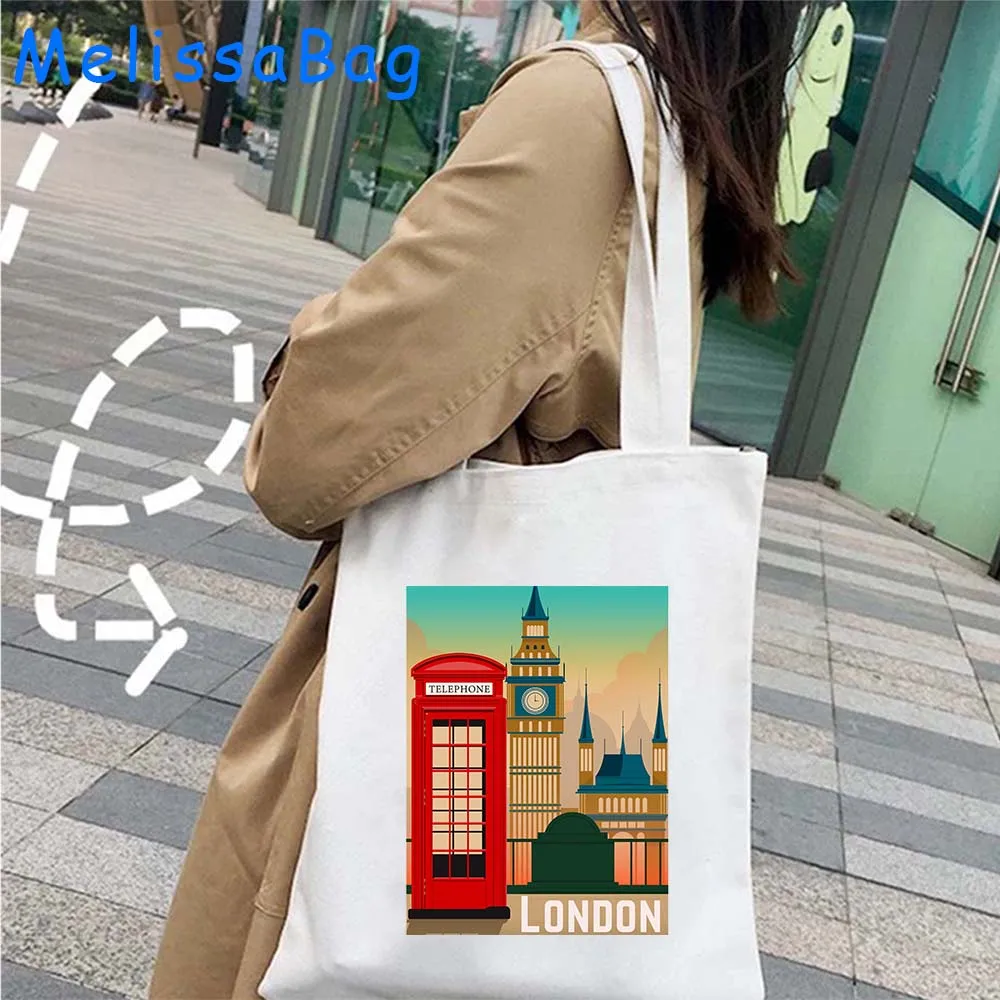 Bus Inggris London hadiah lucu Inggris Big Ben tas Tote bahu kanvas bendera hati cinta Inggris Inggris tas tangan katun Harajuku