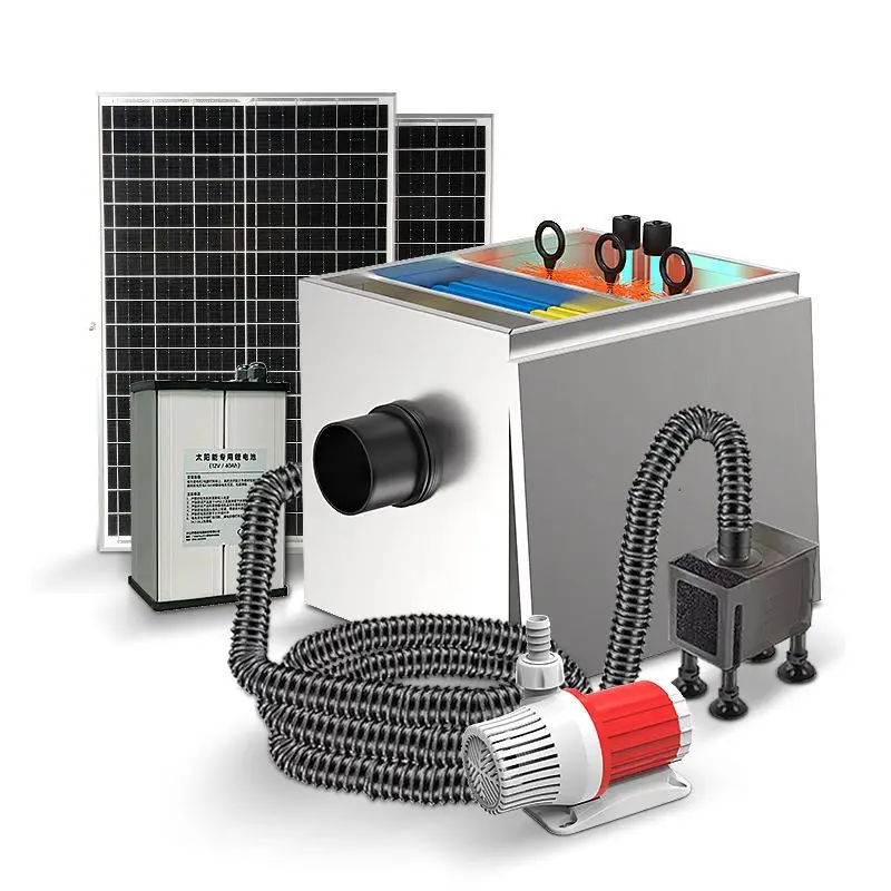 

Solar fish pond circulating filtration system, water purification and oxygenation stainless steel large filter box