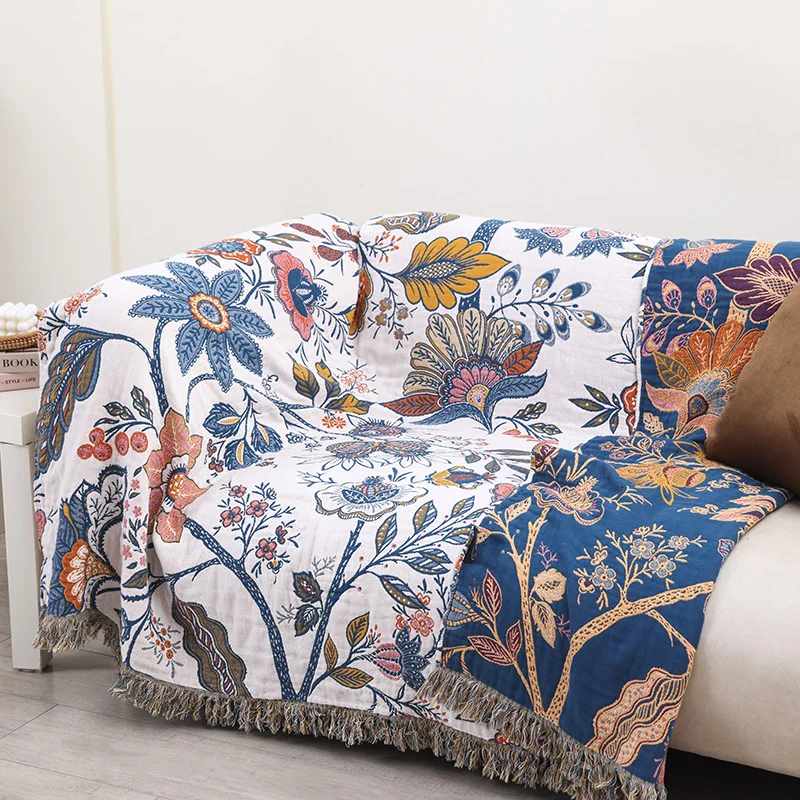 Cotton Blanket Bedspread with Tassels, Delicate Yarn-dyed Jacquard, Floral Birds, Sofa, Bed, Picnic, Travel, Mechanical Wash