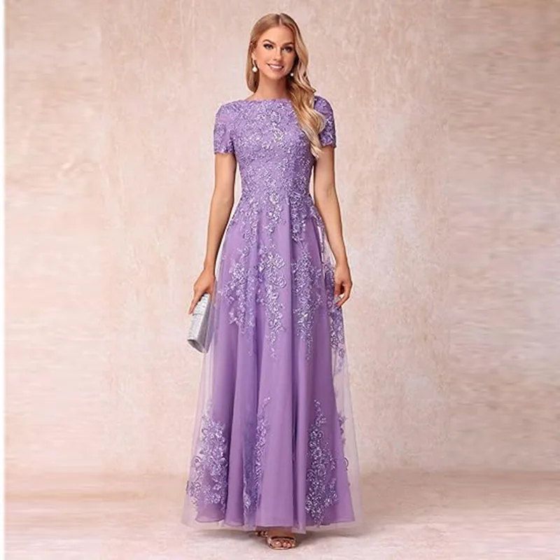 

Customized Elegant Lace Applique Tulle Mother Of The Bride Dresses Short Sleeves Long Formal Evening Party A Line Prom Dress