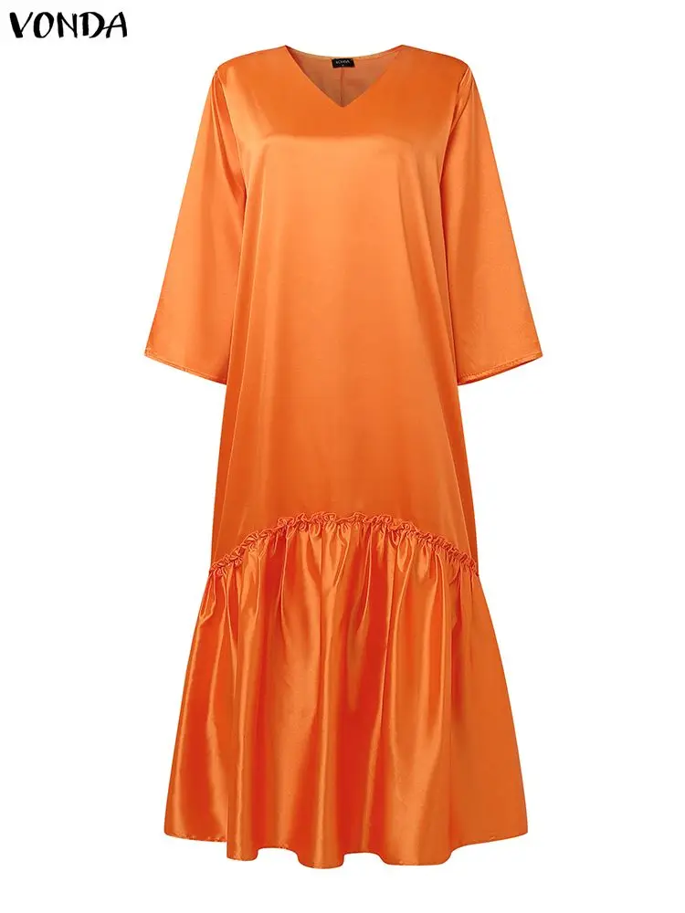 

Женское платье больших размеров, элегантное вечернее платье с v-образным вырезом, длинные платья VONDA 2025, модный повседневный свободный сарафан с рюшами, атласный халат