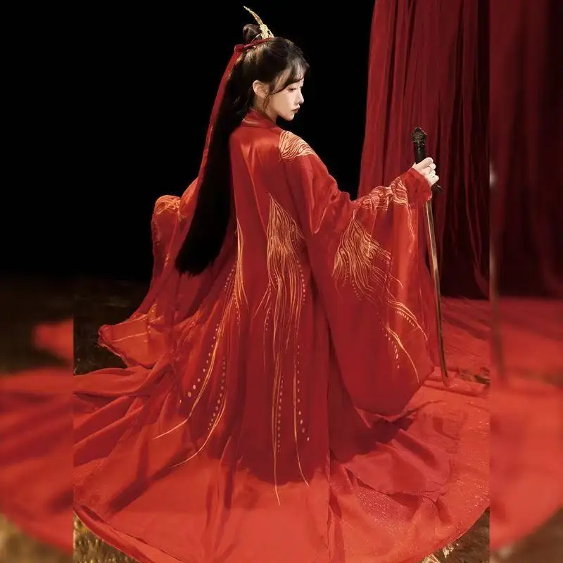 Red Hanfu Men Women Traditional Chinese Clothing Vintage Phoenix Feather Printing Suits Halloween Cosplay Costume Niche