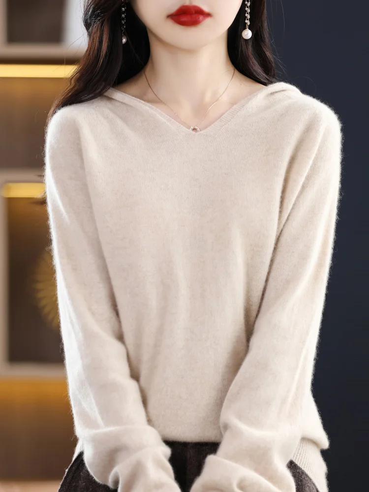 

Autumn Winter Women Casual Pullovers Hoodie 100% Merino Wool Sweater Korean Fashion Cashmere Knitwear Female Clothes Tops