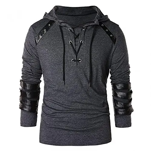 Gothic Hoodies for Men Steampunk Lace Up Long Sleeve Pullover Sweatshirt Medieval Retro Bandage Jumper Hoodie Tops