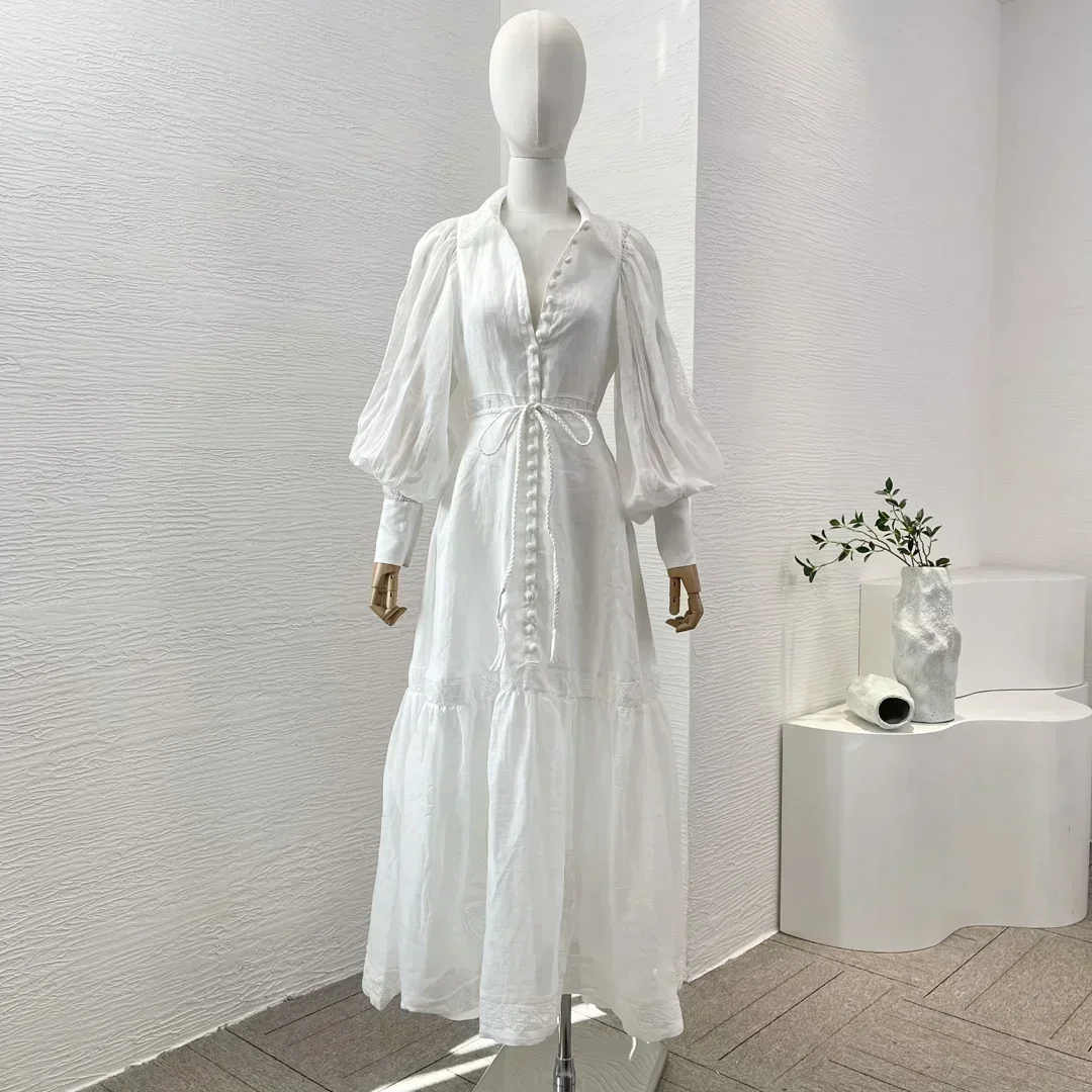 White Pure Cotton Top Quality Spring Summer Elegant Women Clothing 2024 Lantern Sleeve Lace-up Embroidery Maxi Dress