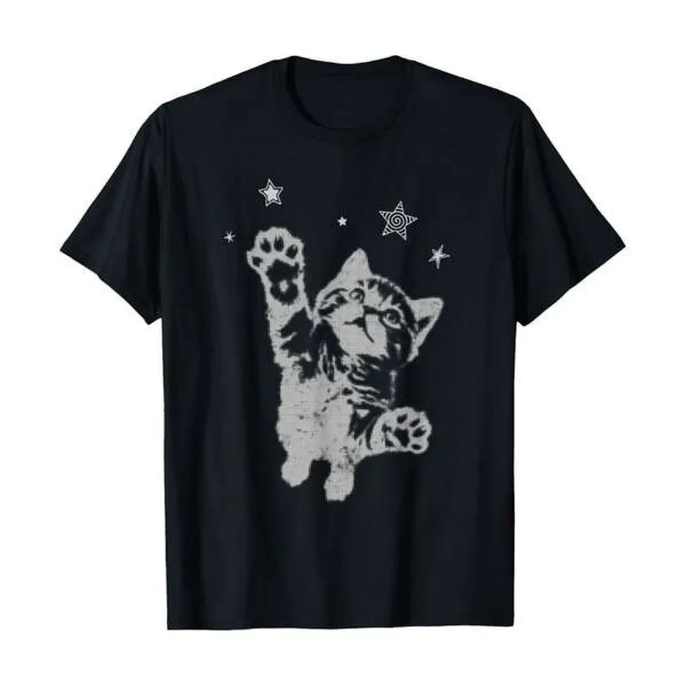 Y2K Cat Jumping Stars Silly 90s 2000s Grunge Vintage Graphic T-Shirt, Women's 100% Cotton Relaxed Crew Neck Tee, Summer & Vacation Outfits For Women, Soft & Breathable Daily Essential