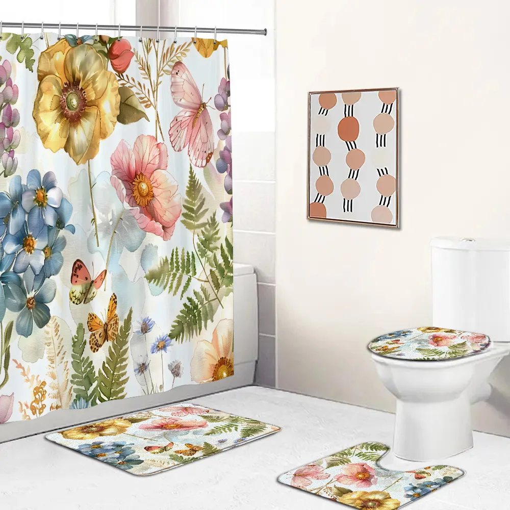 Watercolor Floral Shower Curtain Set Butterfly Sunflower Lotus Oil Painting Plant Bath Decor Modern Bathtub Mat Toilet Lid Cover