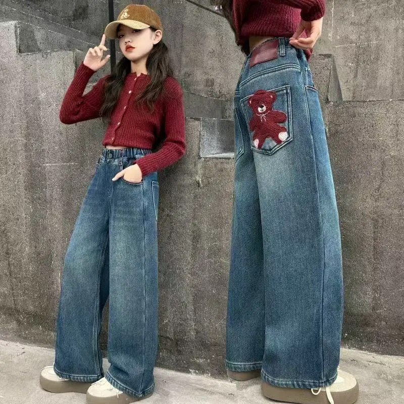 Spring Autumn Style Children Loose Straight Jeans With Bear Embroidery for Teenage Girls Casual Denim Pants Kids Trousers 4-14Y