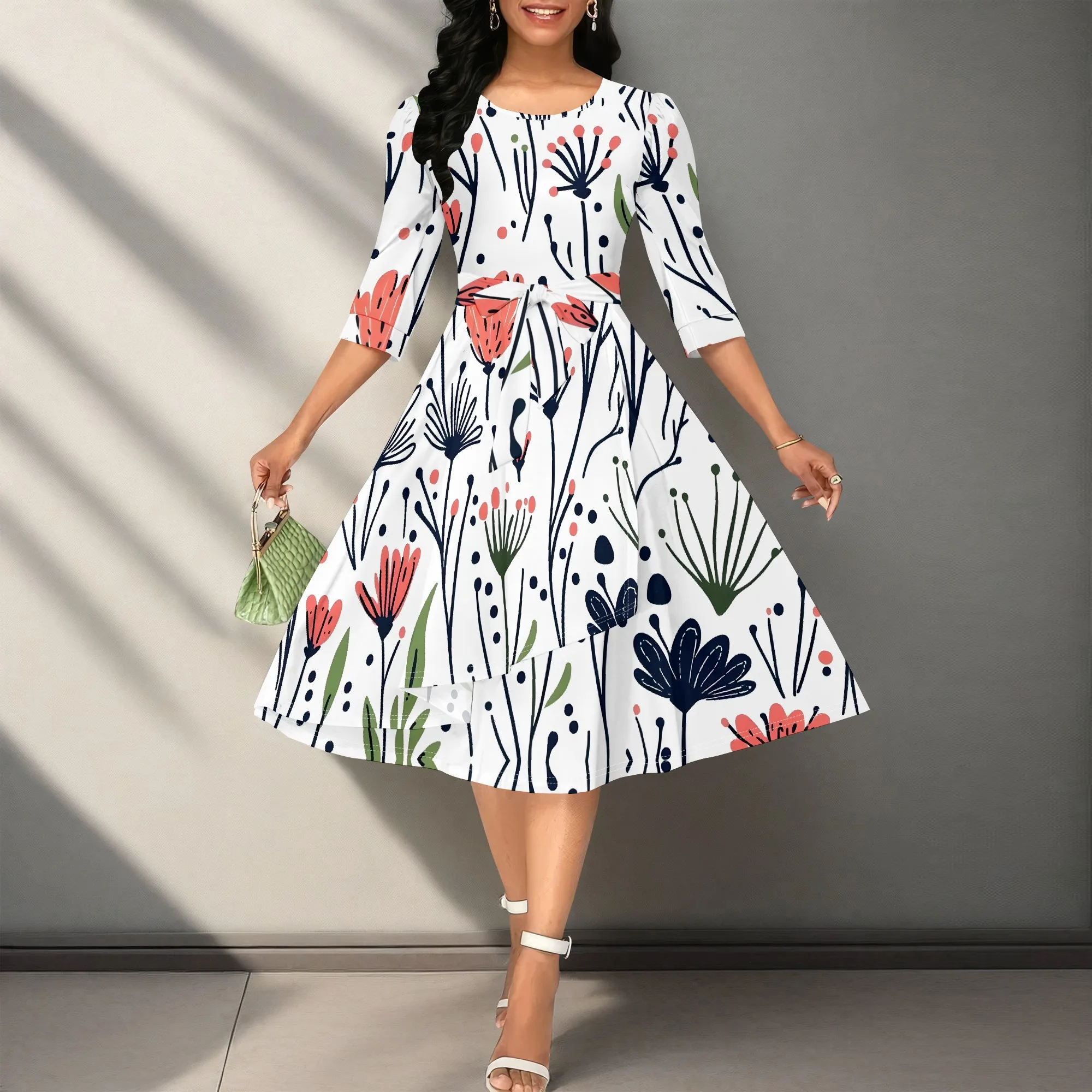 

Women's Boho Floral A-line Dress Vintage O-Neck Half Sleeve Dress with Belt for Office Work Party Wear XS-3XL