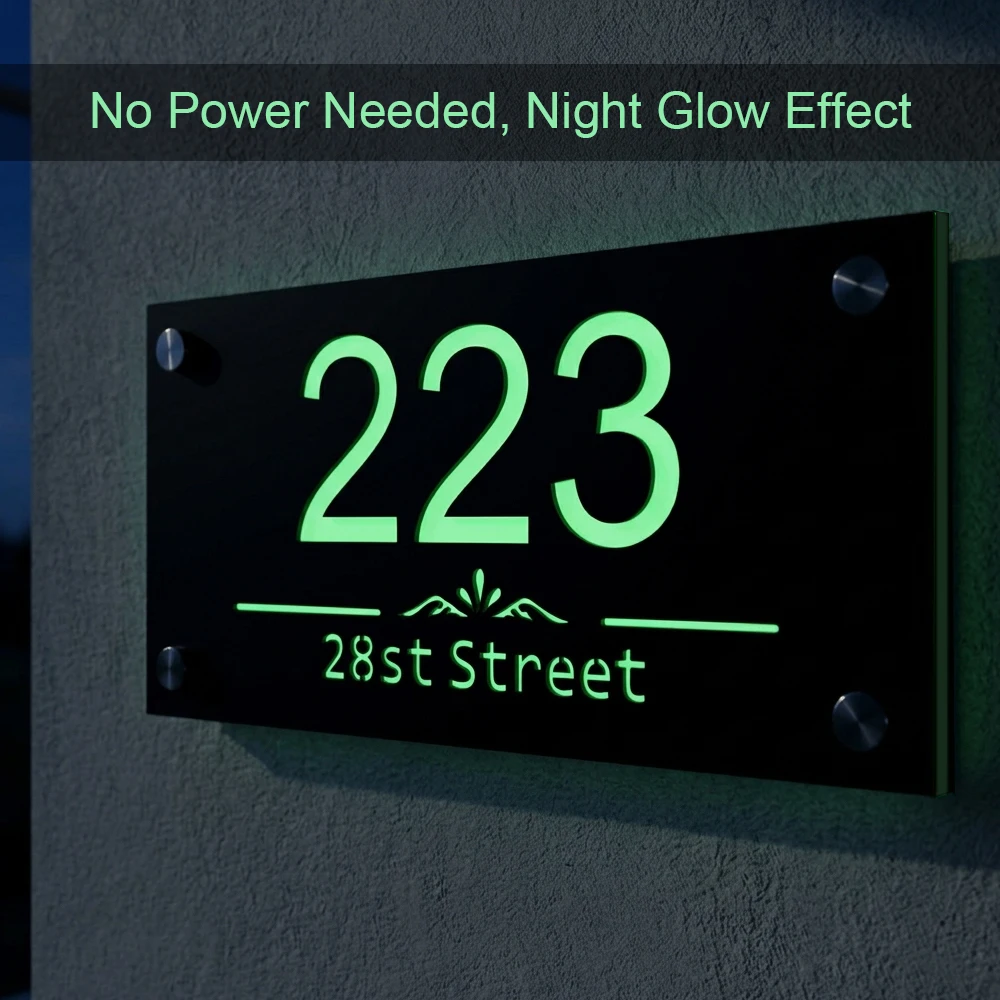 Custom Glow in the Dark House Number Plate Modern Acrylic Address Sign Outdoor Street Door Plaque Photo-Luminescent Eco-Friendly