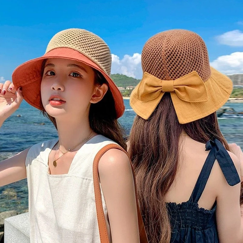 Outdoor UV Protection Sun Hat Summer Women's Bucket Foldable Basin Sunscreen Cap Bow Hollow Stitching Panama Hats Fisherman