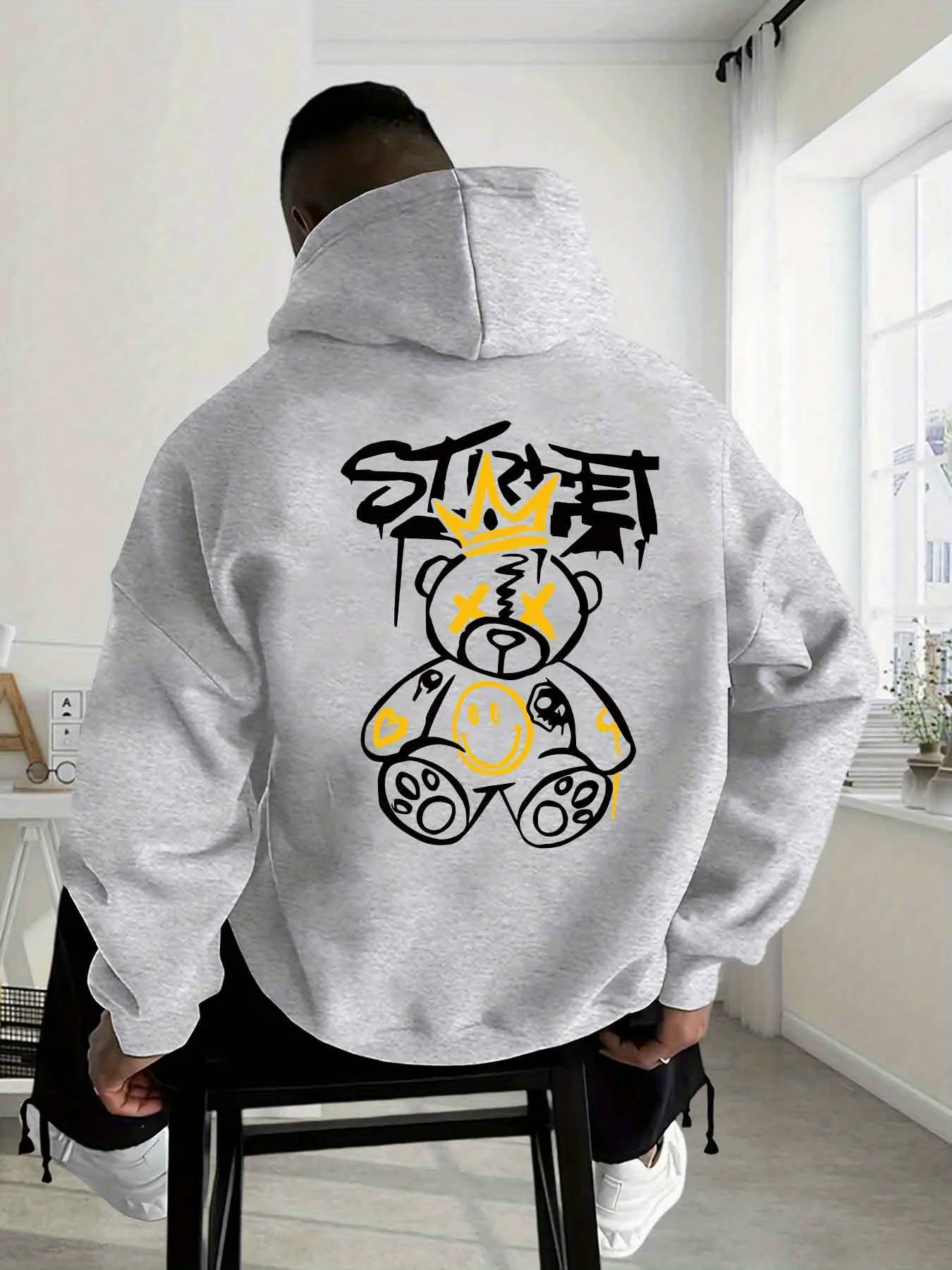 الرجال الأوروبية والأمريكية الخريف أزياء تيدي بير إلكتروني طباعة مايكرو مرونة مريحة مقنعين البلوز في الهواء الطلق الشارع إلى #3