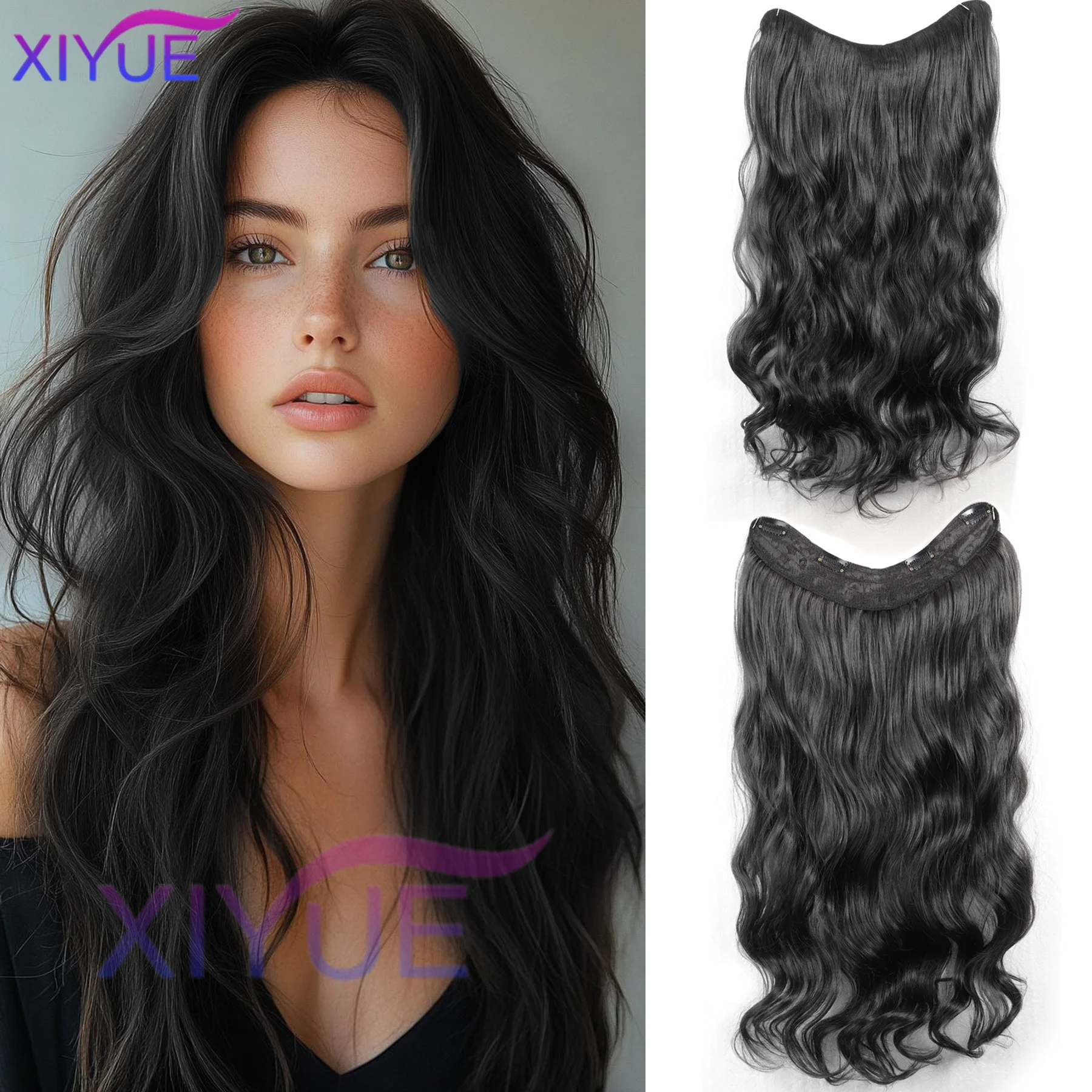 XIYUE 20Inch Synthetic Long Wavy Curly 4 Clip in Hair Extension V-shaped Heat Resistant Black Blonde Hairpiece for Women