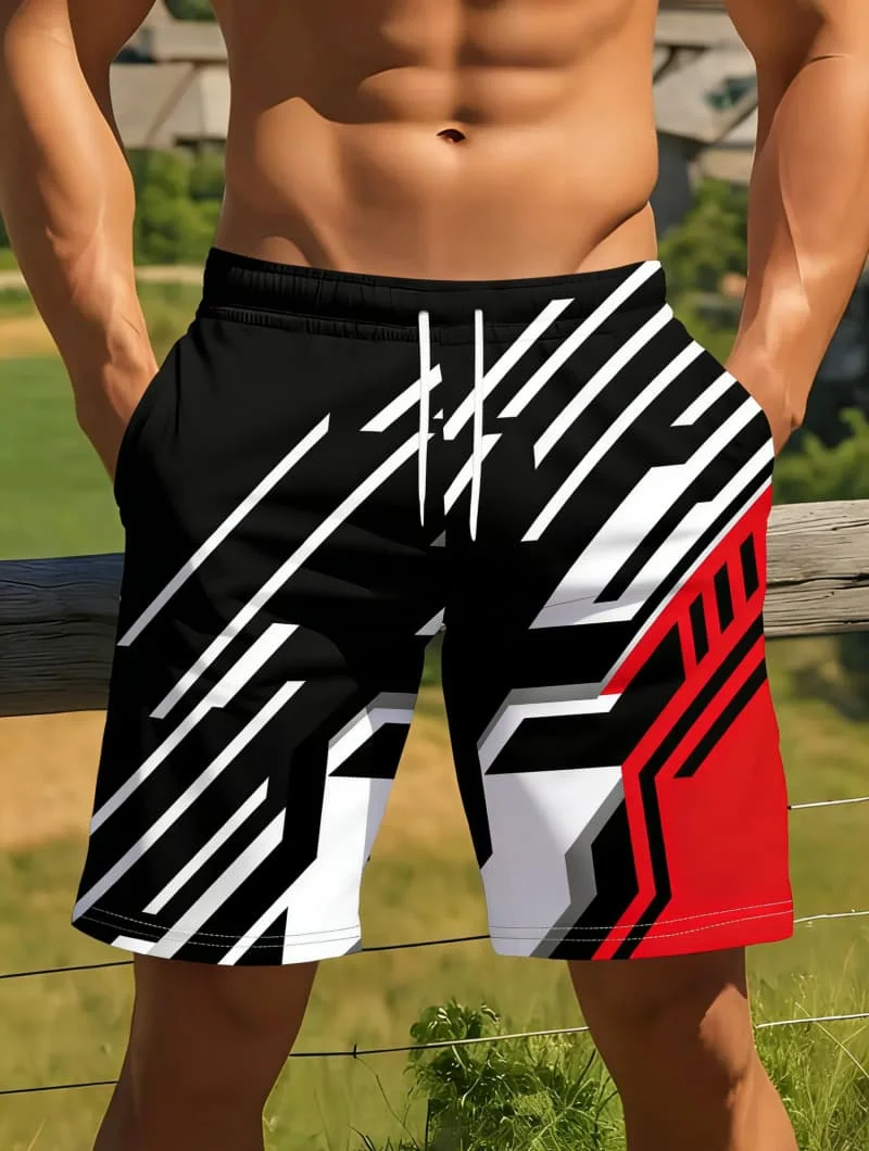 

Futuristic Line Angular Geometric Print Beach Shorts Chic Trendy Bold Outfit Wear For Summer Holidays And Urban Style