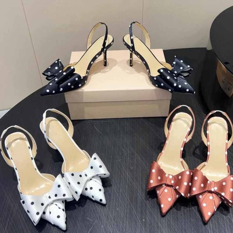 

Женские летние новые сандалии на высоком каблуке с острым носком и бантом на шпильке, женские сандалии с французским ремешком на спине