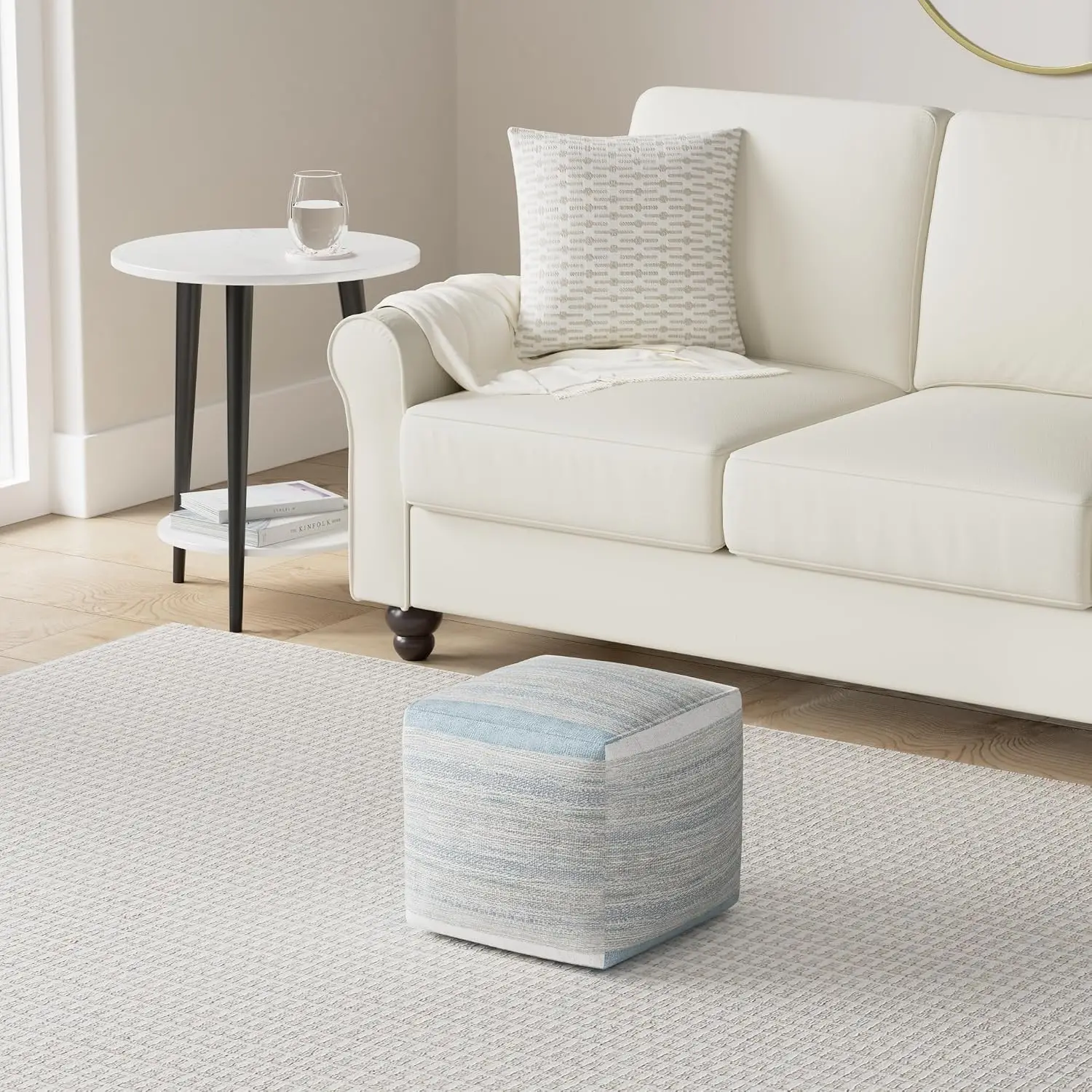 SIMPLIHOME Naya Cube Pouf - 16 inch Wide Upholstered Handwoven Cotton Ottoman in Blue/Grey, Boho Footstool or Extra Seating for
