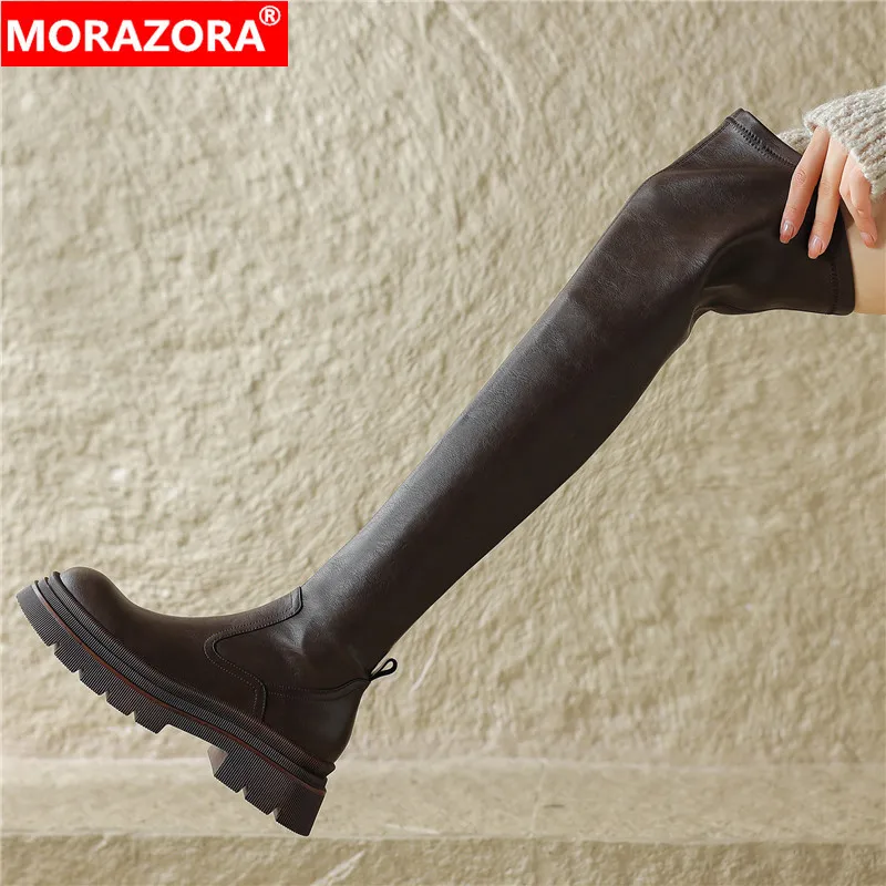 

MORAZORA 2024 New Genuine Leather Platform Winter Boots For Women Square Med Heels Boots Fashion Zipper Over The Knee Boots