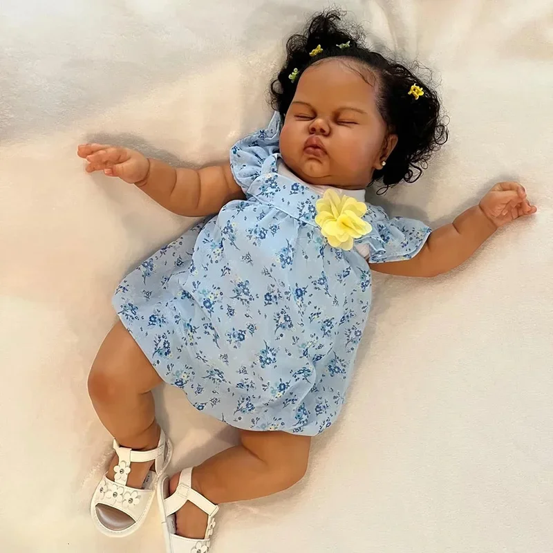 60CM Pickle Dark Skin Sleeping in Soft Cloth Body Lifelike Reborn Toddler Hand Rooted Hair Cuddly Baby Girl Doll Baby