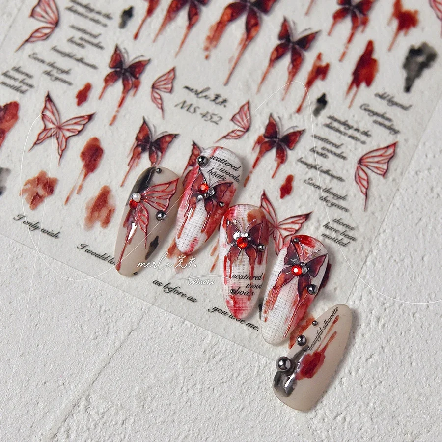 Red Butterfly Line Halo Dyeing Drip English Letter Hot Dark Black 3D Self Adhesive Nail Art Decoration Sticker 5D Manicure Decal