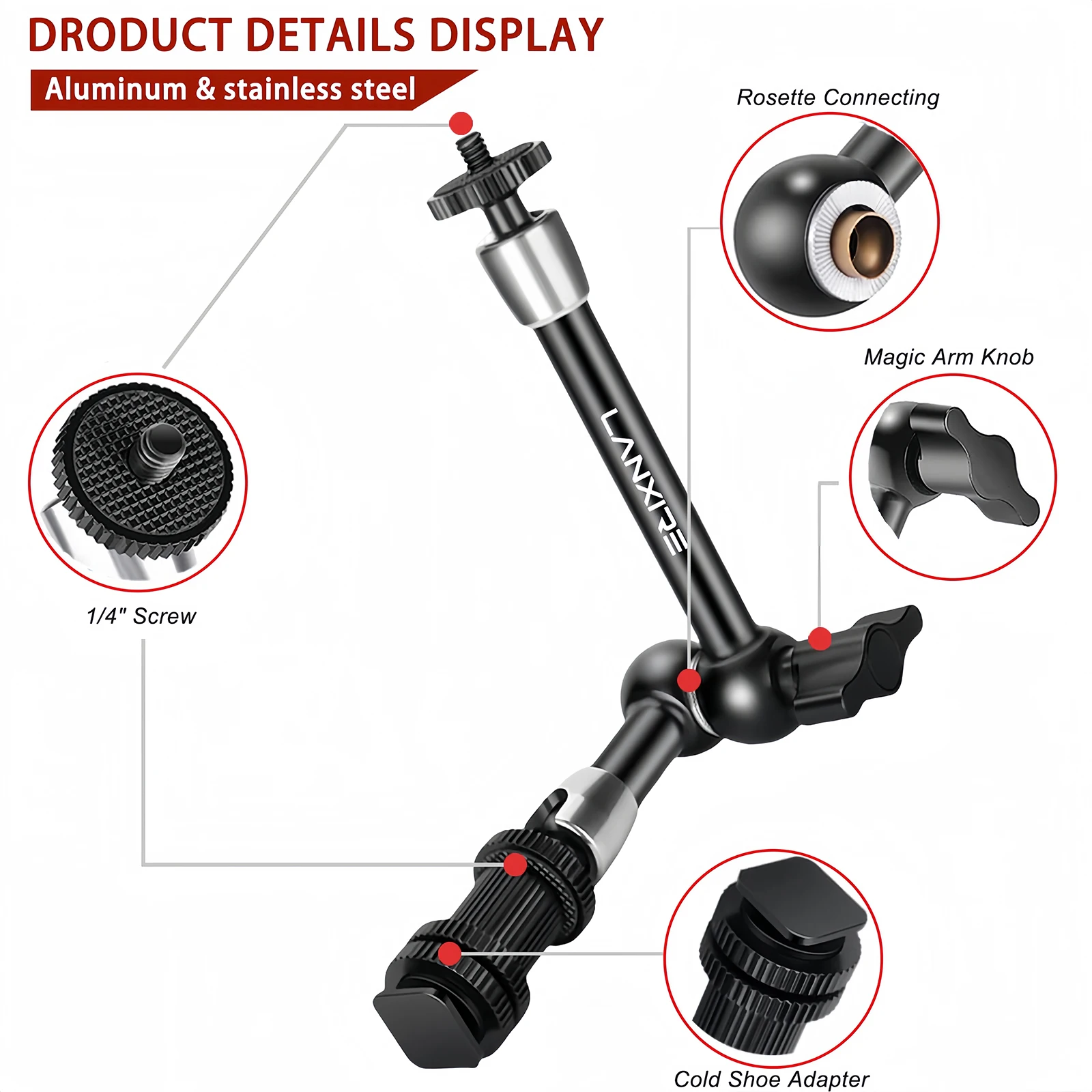 Lanxire 9 Inches Adjustable Friction Power Articulating Magi Arm with 1/4'' Screw and Cold Shoe Mount Adapter for Camera Monitor