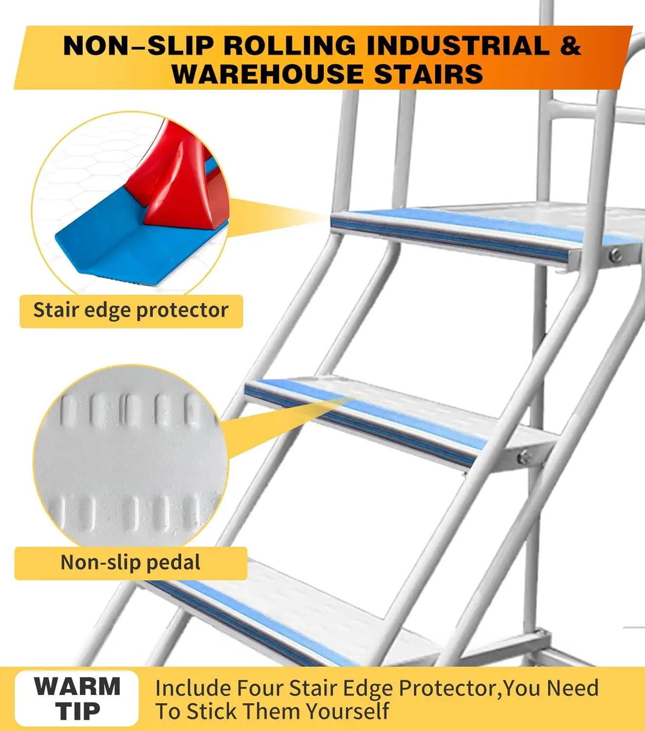 4 Step Rolling Stairs With Wheels, Industrial & Warehouse 4-Step Stairs, Non-Slip Rolling Steps With Stair Edge Protector, Easy