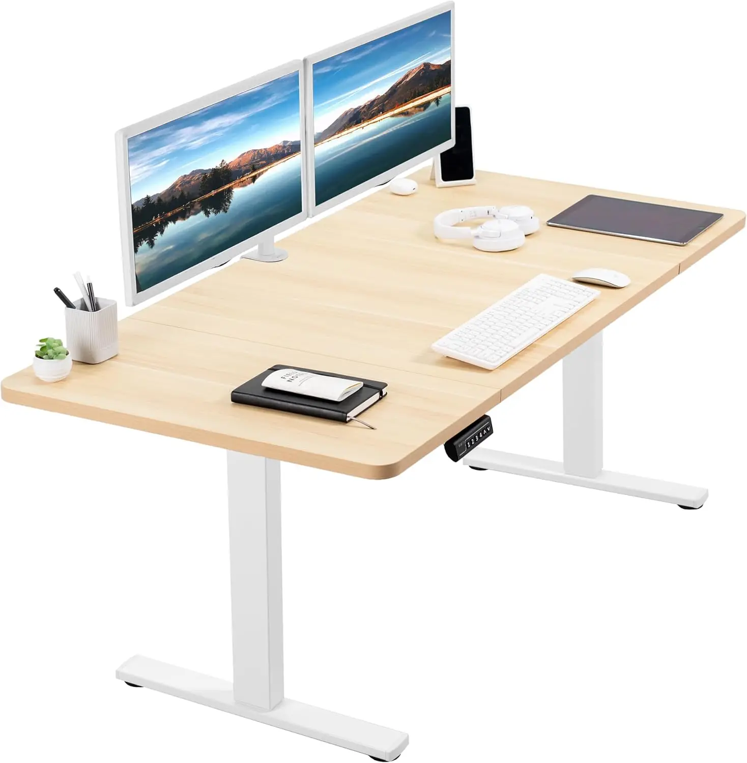 60 x 30 inch Standing Desk Workstation, Memory Controller Height Adjustment,  Light Wood Top White Frame