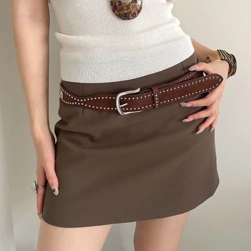 Sabuk Wanita Retro Maillard dengan Gesper Logam Vintage, Ikat Pinggang Kulit Lebar, Gaya Y2k, Sabuk Jeans Gaya Punk untuk Pria