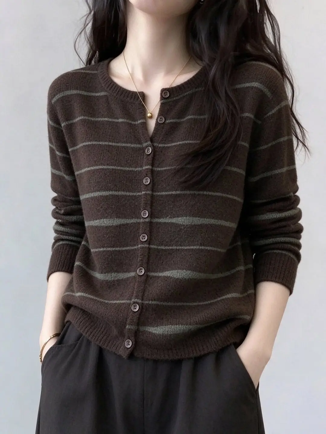 High-End Vintage Striped Open Cardigan Women's Loose Fit Preppy Style Autumn Top Knitted Long Sleeve V-Neck Single Button