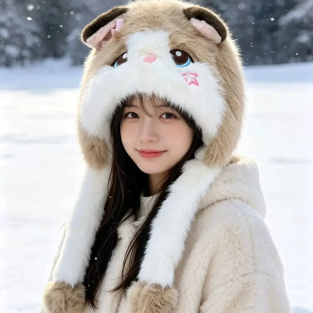 Plush Thick Fleece Cat Ear Trapper Hat Fleece Lined Warm Earflap Hat Blush Cute Animal Hat Snow
