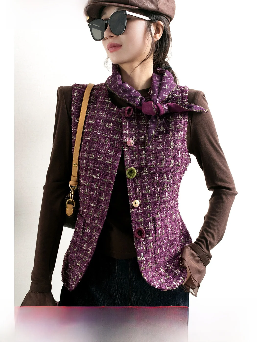 

TidePA Chic Purple Tweed Waist-Cinching Vest Women's Spring Autumn Netie Faion Commute Sle round Ne Single Button