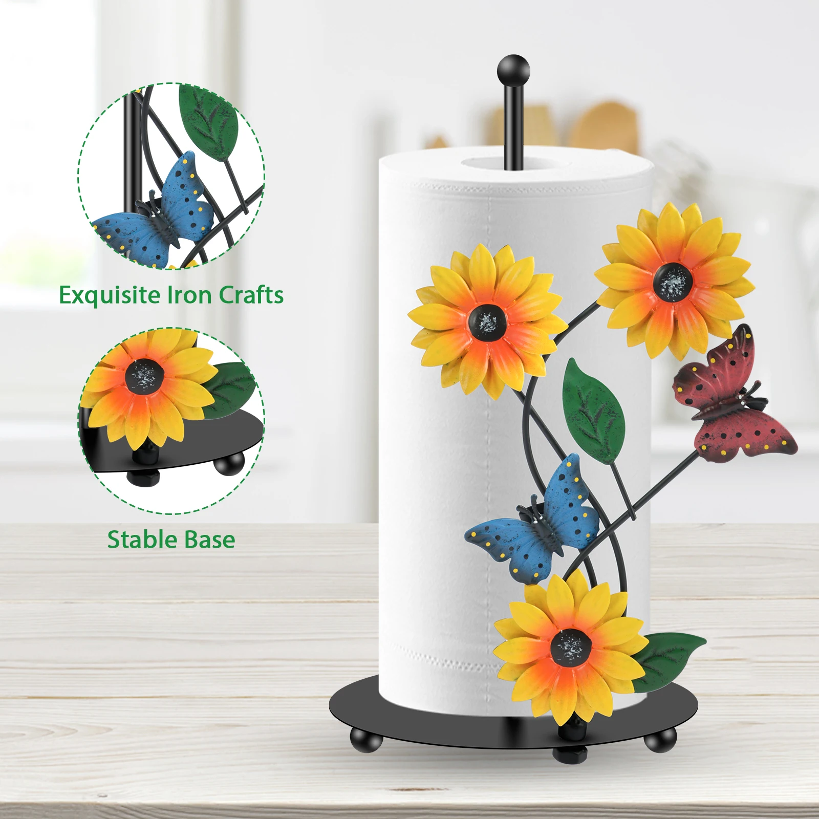 Metal Paper Towel Holder Sunflower Towel Stand Decorative Standing Paper Towel Holer Ornamentfor Kitchen Countertop Garden Yard