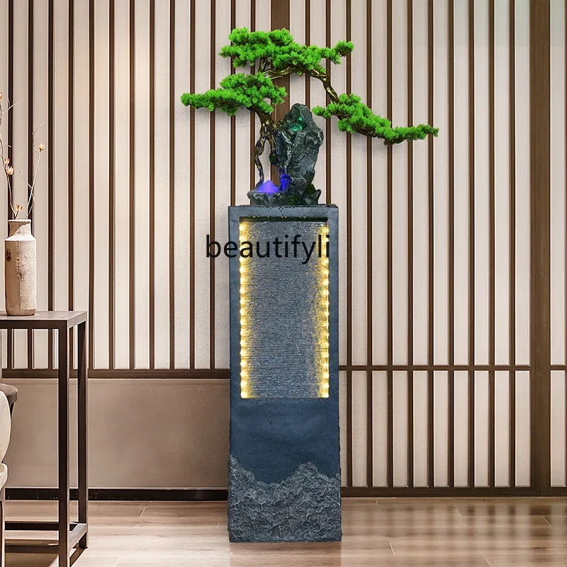 Entrance new Chinese water curtain wall high-end home decoration rockery flowing water fountain welcome pine floor ornament