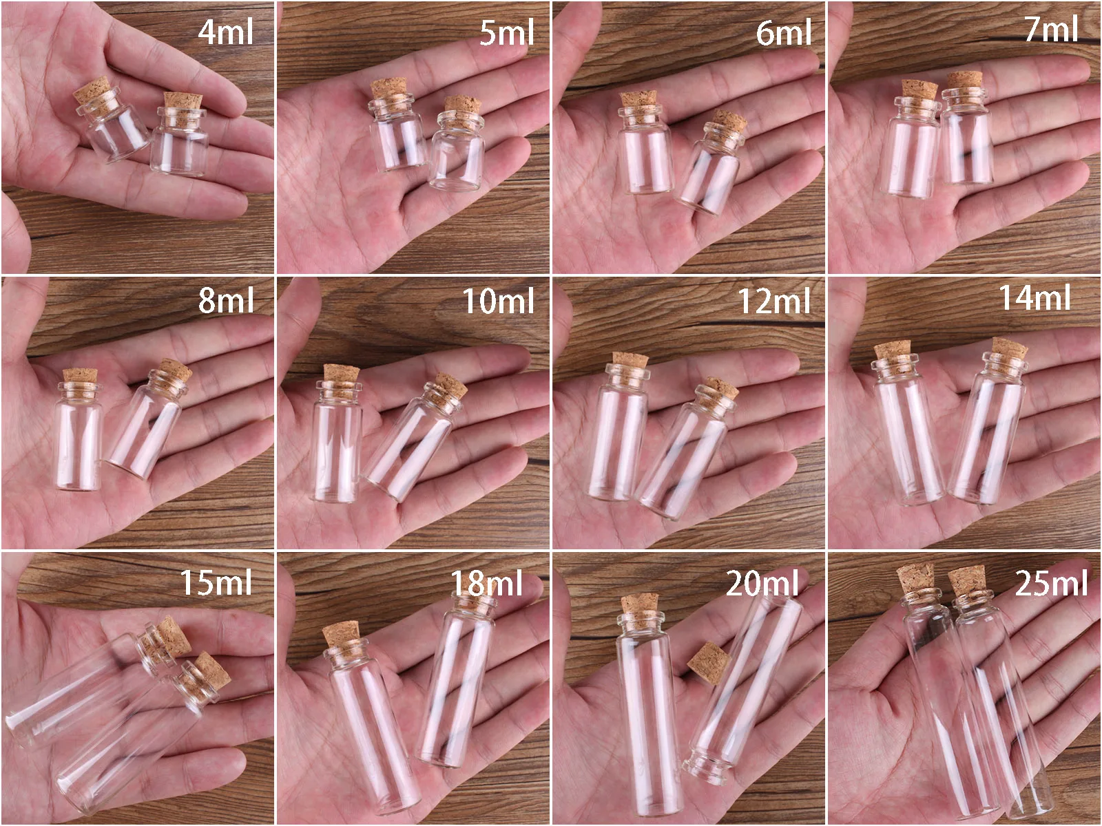 10PCs 4ml 5ml 6ml 7ml 8ml 10ml 12ml 14ml 15ml 18ml 20ml 25ml Glass Wishing Bottles with Cork Stoper Wedding Gift Empty Container