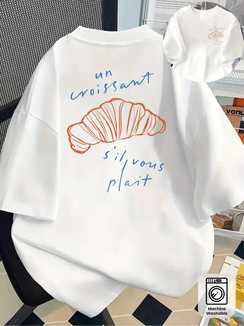 Camiseta Casual de Manga Corta para Mujer con Gráfico de Croissant Silvous en la Parte Delantera y Trasera, Corte Holgado, Cuello Redondo, Top para Todas las Temporadas