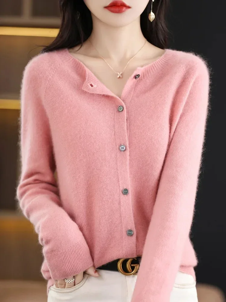 Women\'s Merino Wool Cardigan, 100% Pure Wool, O-Neck, Cashmere Sweater, Female Clothing, Grace Knitwear, Korean Tops, New Fashio