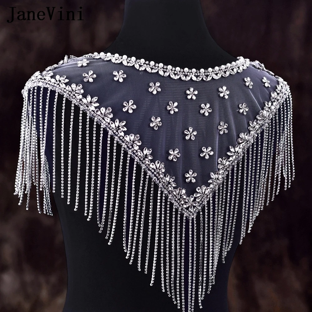 JaneVini Luxury Wedding Bridal Cape with Rhinestone Tassel Chain Dress Jacket Bolero Hochzeit Top Evening Party Bride Shawl Wrap